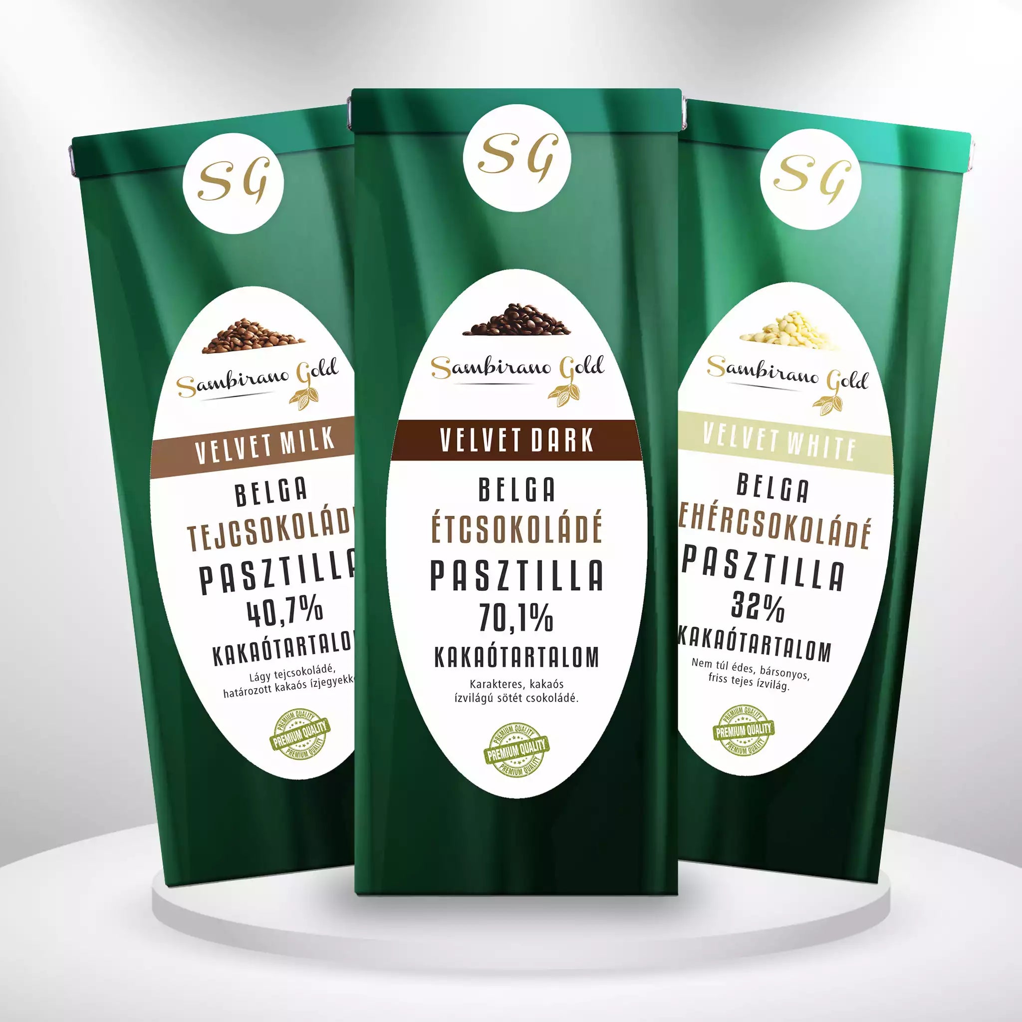 Sambirano Gold - Belga ét-tej-fehér csokoládé pasztilla